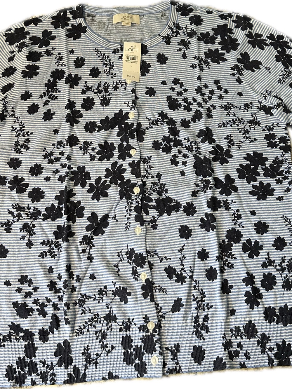 LOFT Light Blue and White Striped Cardigan with Black Floral Accents